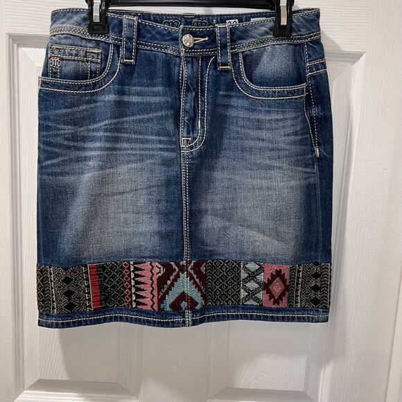 Miss Me Denim Mini Skirt with Southwestern‎ Aztec Embroidered Border Detail - Picture 1 of 6